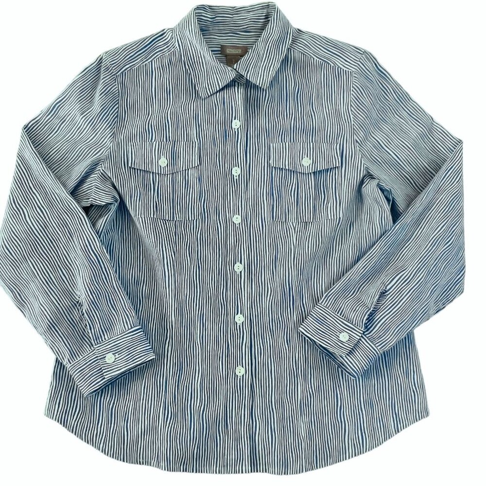 Chicos Button Up Shirt Cotton Blend Womens Size 1 Blue Coastal Preppy Stripe‎